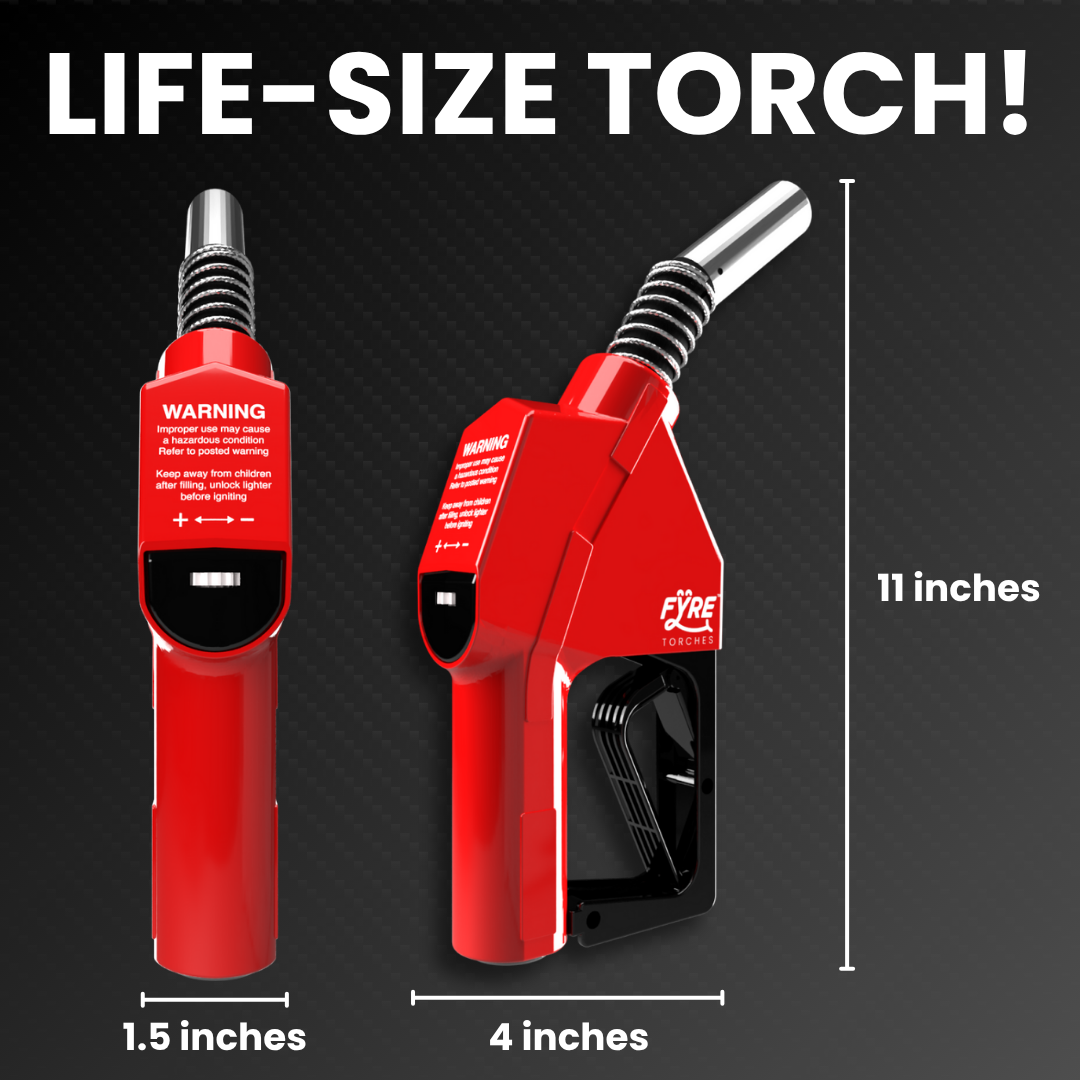 Gas Pump Torch Lighter, Life Size Refillable Butane Torch, Adjustable Flame, Continuous Flame Mode, Safety Lock, Multi Purpose Kitchen Torch, Camping Candle Lighter (Butane Gas Not Included)
