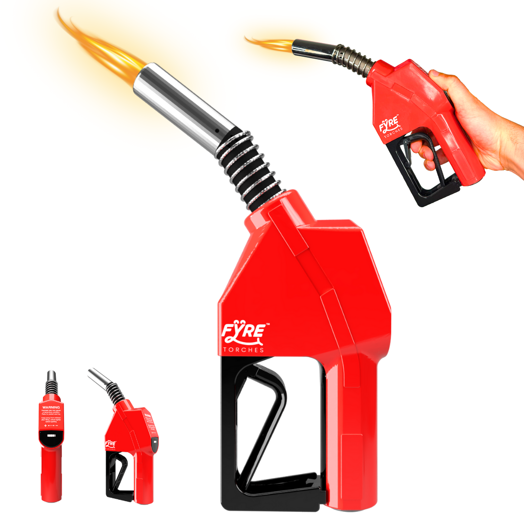 Gas Pump Torch Lighter, Life Size Refillable Butane Torch, Adjustable Flame, Continuous Flame Mode, Safety Lock, Multi Purpose Kitchen Torch, Camping Candle Lighter (Butane Gas Not Included)