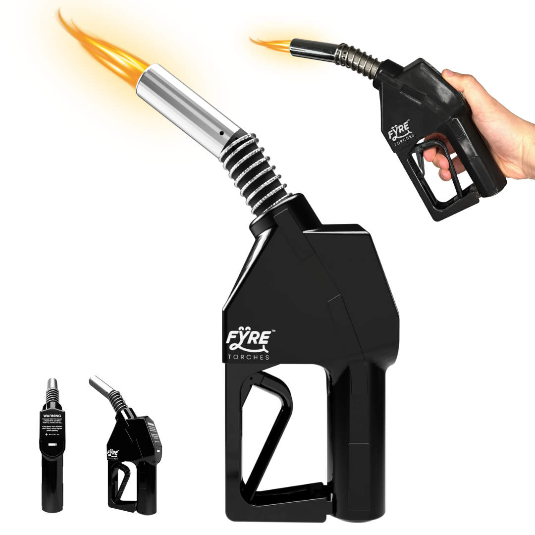 Gas Pump Torch Lighter, Life Size Refillable Butane Torch, Adjustable Flame, Continuous Flame Mode, Safety Lock, Multi Purpose Kitchen Torch, Camping Candle Lighter (Butane Gas Not Included)